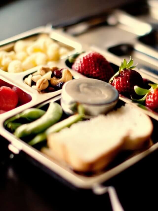 A metal bento box lunch tray packed with healthy snack ideas ideal for kids