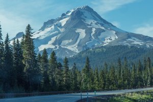 Mount Hood Scenic Drive in Oregon with snow capped Mt Hood in distance