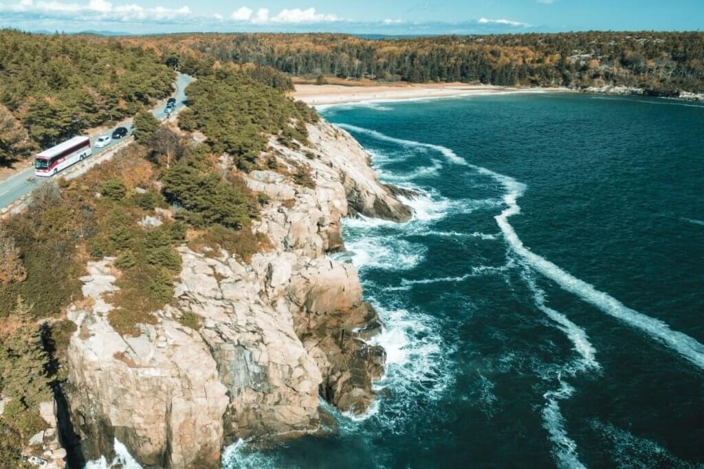 Beautiful Maine Scenic Drive - road with bus and cars in Acadia National Park