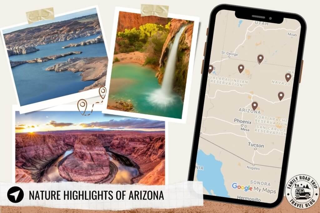 Collage of images with a google map of the best nature places to visit in Arizona