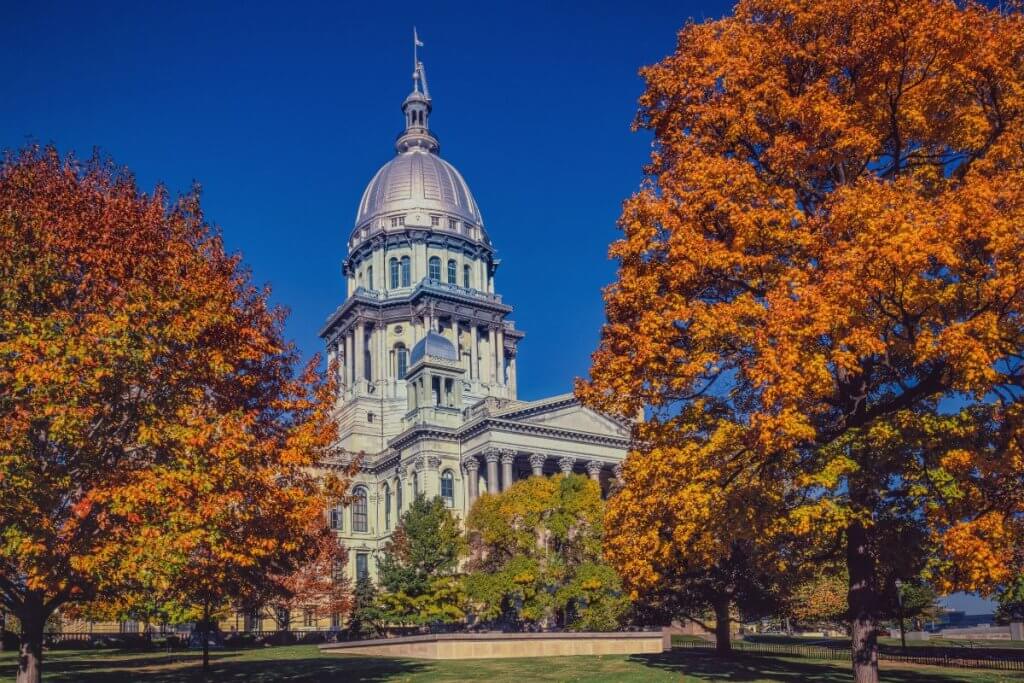 Springfield Illinois capitol building with fall leaves