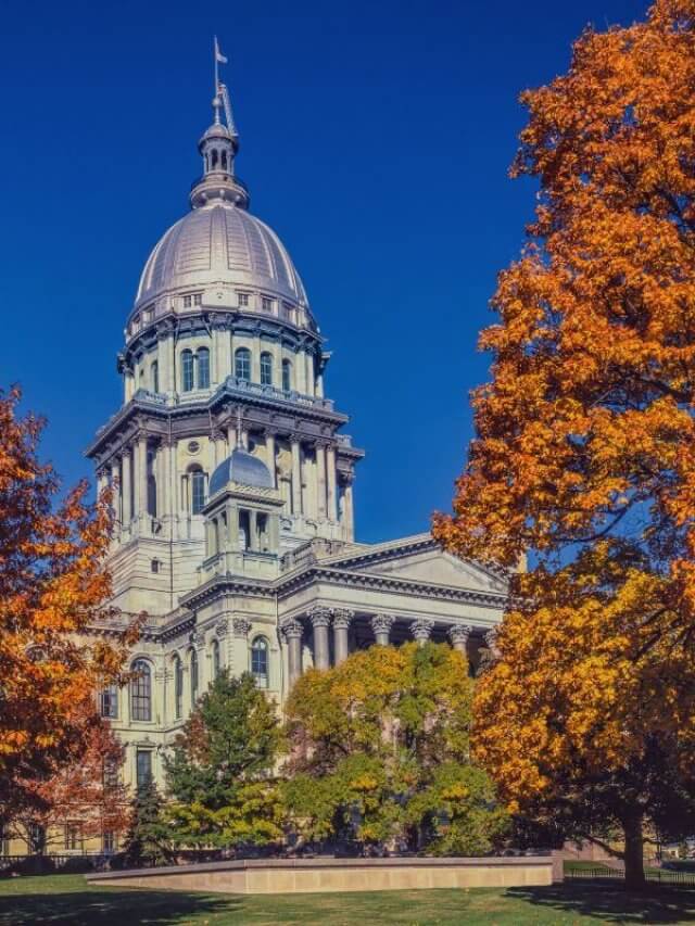 Springfield Illinois capitol building with fall leaves