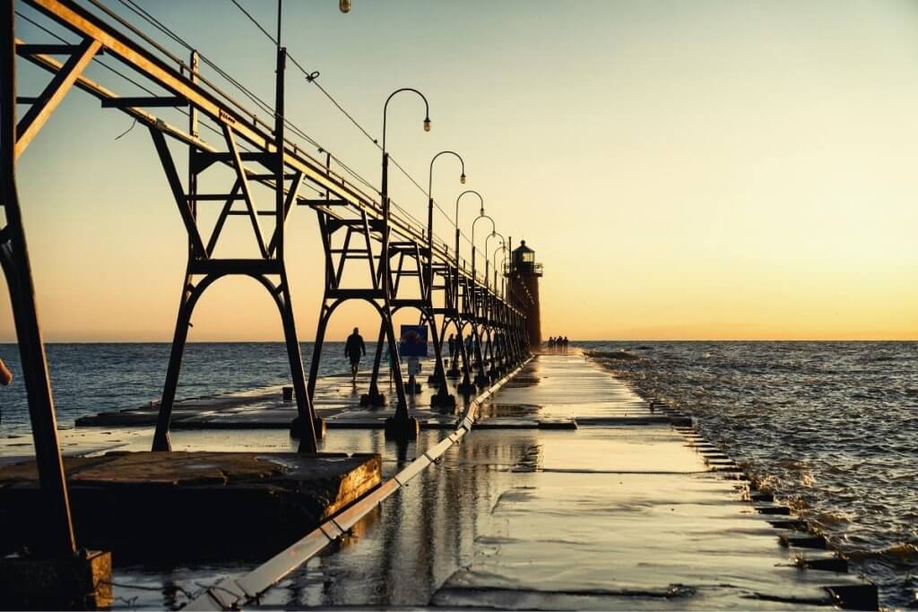 Lake Michigan beach front town pier