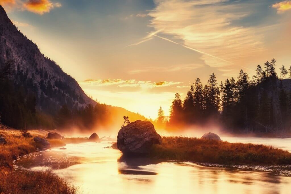 beautiful silhouttes with geothermal activity in Yellowstone national park
