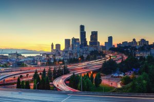 Seattle drive from San Francisco, arrival into downtown Seattle on the I-5