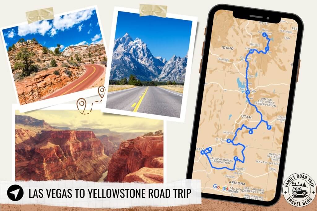 A cell phone map of driving las vegas to yelloswton through Utah with pin markers and polaroid photos of important stops