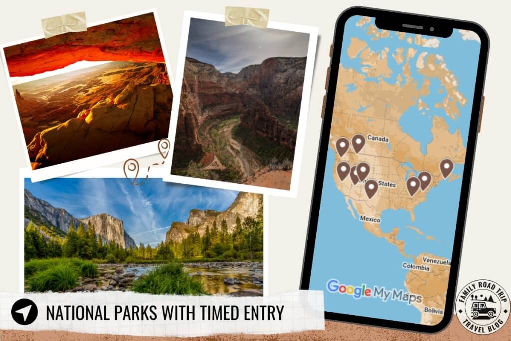 A map on a cellphone showing locations in the USA that have timed entry requirements
