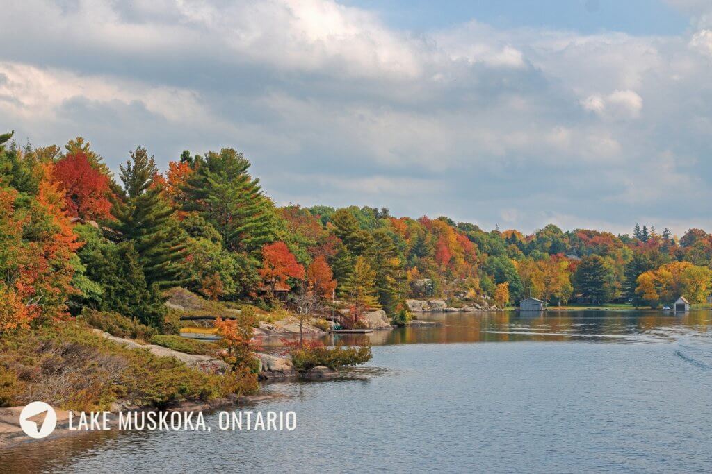 beautiful autumn coloured trees contrast against lake muskoka