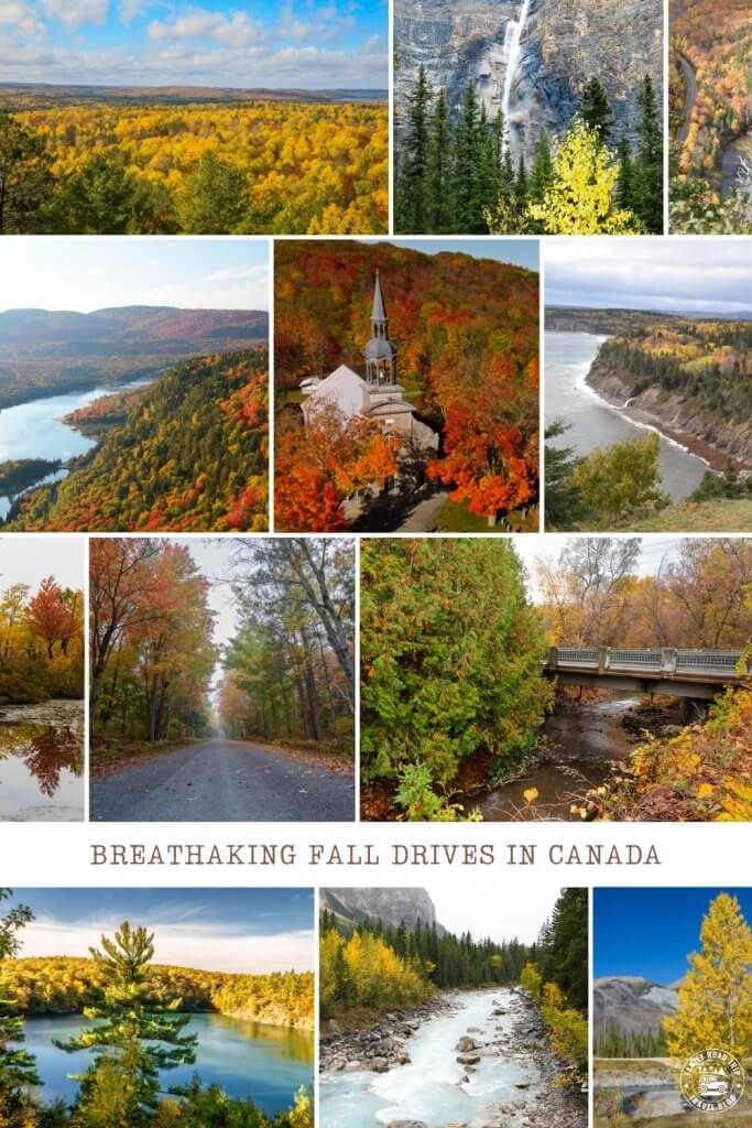 Collage of images places where you can see Fall scenery and beautiful autumn drives in Canada
