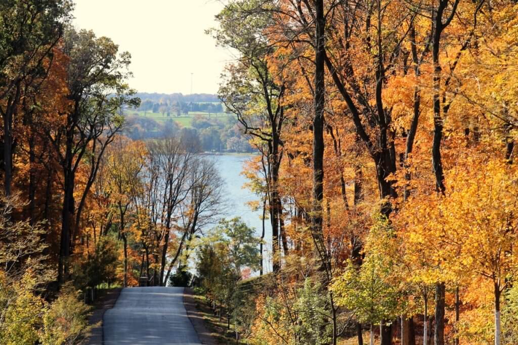 sunny autumn day in wissonsin country road through fall trees leading to a blue lake